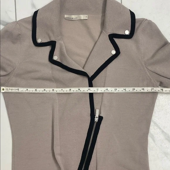 Karen Millen Knit Sweater Jacket Black Trim Asymmetrical Zipper V Neck Collar - Picture 11 of 14